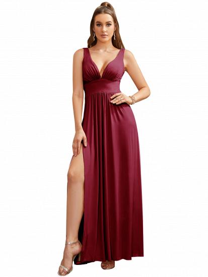 Burgundy Deep V-neck Sleeveless High split Prom Dress Empire Bridesmaid Dress_33