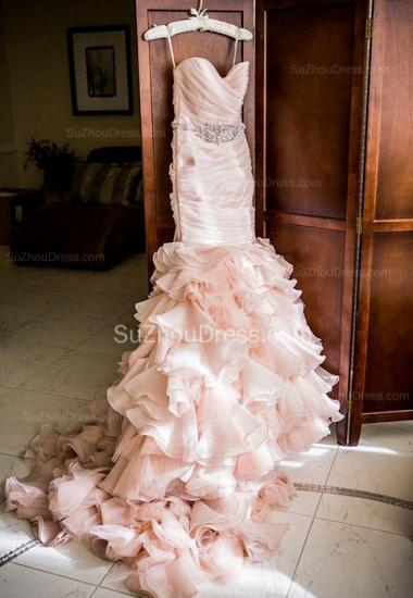 Sexy Mermaid Sweetheart Wedding Dresses Pink Crystal Lace-Up Lovely Ruffles Bridal Gowns_2