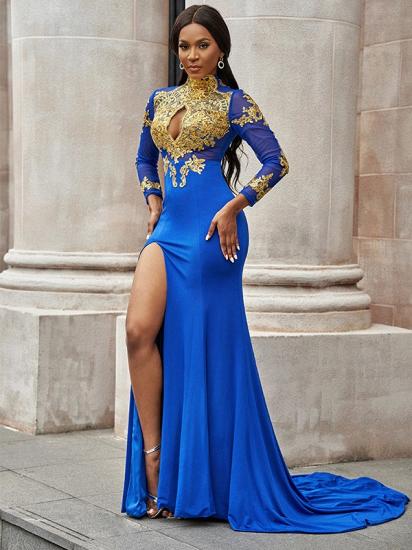Long sleeves royal blue gold appliques high split prom dress_2