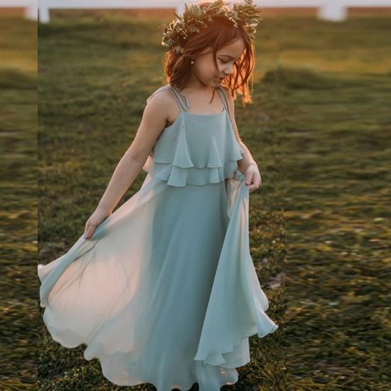 Summer Light Chiffon Sky blue Spaghetti Straps Long Flower Girl Dresses | Little Girls Peagant Dress Online_4