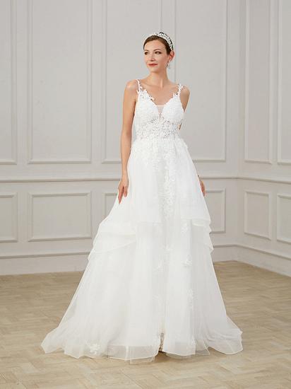 A-Line Wedding Dress V-neck Chiffon Lace Tulle Sleeveless Bridal Gowns Formal Plus Size with Sweep Train_6