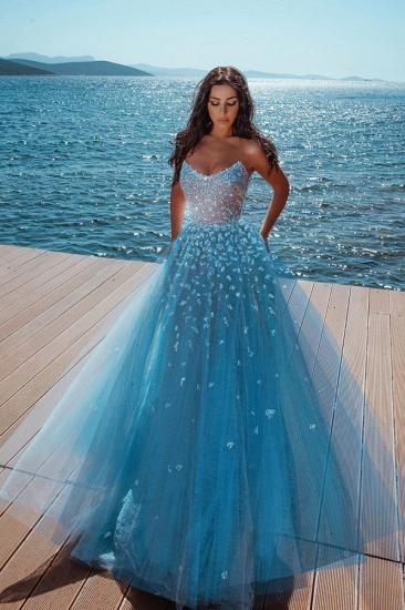 Ocean Blue Strapless Sparkle Beads Tulle Princess Prom Dress_1
