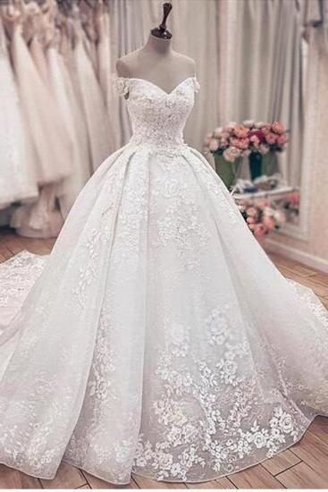 Off The Shoulder Floral Appliques Ball Gown Wedding Dresses | Lace Sleeveless Bridal Gowns_1