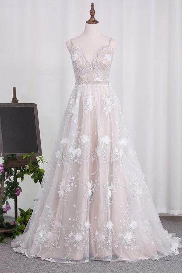 TsClothzone Sexy Spaghetti Straps Tulle Wedding Dress Backless Lace Beadings Bridal Gowns with Flowers