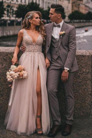 Boho Langes Tüll-Hochzeitskleid mit V-Ausschnitt und Seitenschlitz | Brautkleider mit Spitze