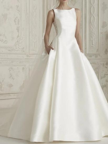 A-Line Wedding Dress Bateau Satin Regular Straps Bridal Gowns Simple Sparkle & Shine with Court Train