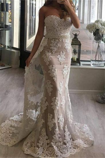 Sweetheart Sheath Lace Prom Dresses with Beads Belt Sexy Long Evening Gown with Long Train