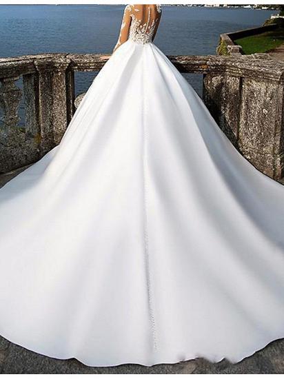 A-Line Wedding Dress V-neck Satin Long Sleeves Bridal Gowns Formal Plus Size with Sweep Train_2