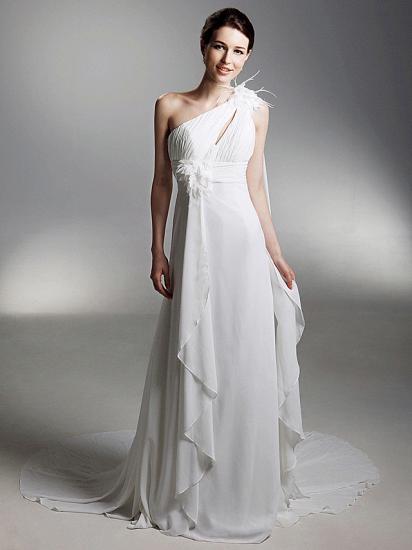 Sheath Wedding Dress One Shoulder Chiffon Sleeveless Bridal Gowns with Watteau Train_2