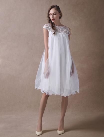 Sweet Short Sleeves Tulle Lace Knee-Length Bow Wedding Dresses_2