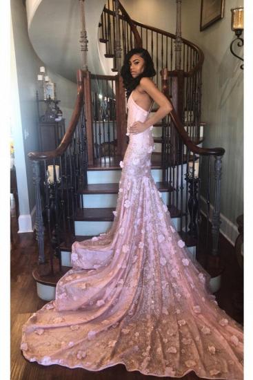 Pink Floral Appliques Lace Halter Court Train Mermaid Prom Dresses