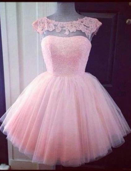 Cute Pink Lace Mini Homecoming Dress Simple Tulle Short Party Dresses with Puffy Skirt_1