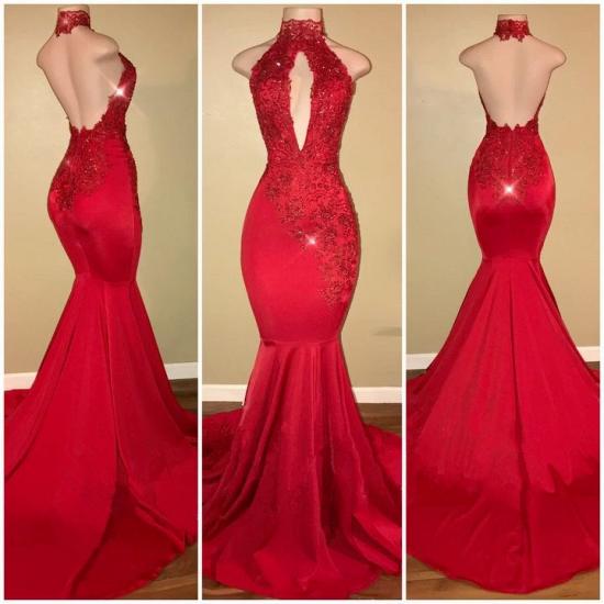 Halter Backless Sexy Prom Dresses with Lace Appliques Mermaid Sleeveless 2022 Evening Gown_3