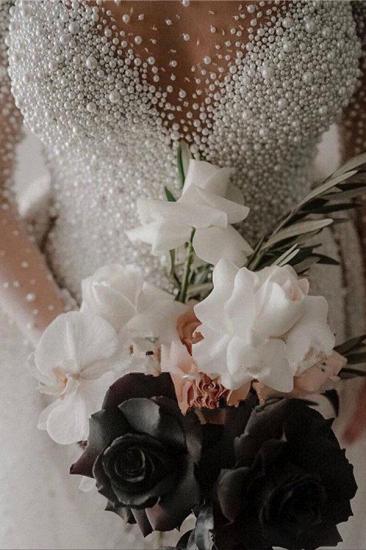 Elfenbein, lange Ärmel, abnehmbarer Zug, V-Ausschnitt, Knopf-Hochzeitskleid mit vollständig bedeckten Perlen_4