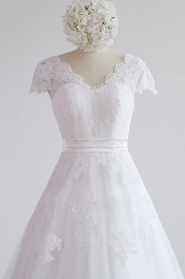 Glamouröses Kurzarm-Spitzenhochzeitskleid mit V-Ausschnitt | Weiße Tüll-Brautkleider in A-Linie mit Applikationen_5