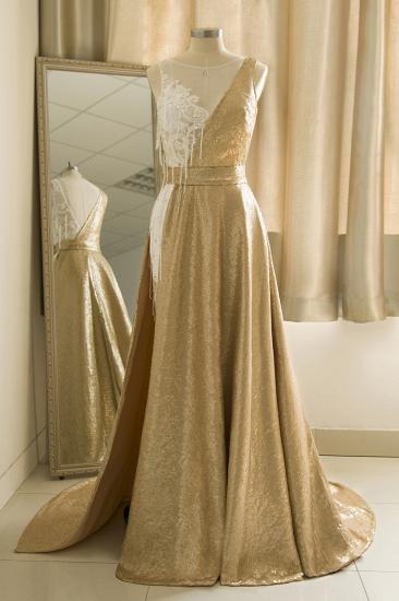 Sparkle Gold One shoulder Lace Sequined Prom Dress with Belt_2