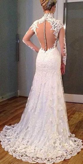 New Arrival Sheath High Collar Lace Wedding Dress Long Sleeve Custom Made Bridal Gown_1