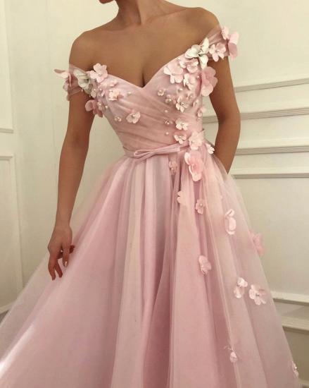 Pink Flowers A-Line Tulle Long Prom Dress | Elegant Off-the-Shoulder Evening Gowns_3