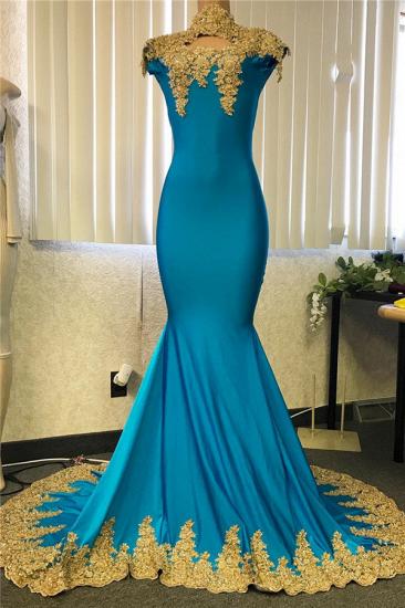 High Neck Mermaid Gold Lace Prom Kleider Günstige 2022 | Mantel Sexy Abendkleider mit Schlüsselloch_1