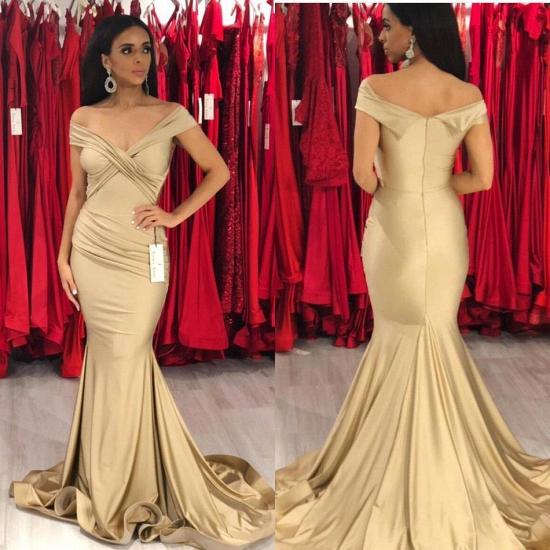 New Off The Shoulder Stretch Satin Plicated V Neck Floor Length Prom Dresses | Mermaid Sleeveless Champagne Evening Gowns_3
