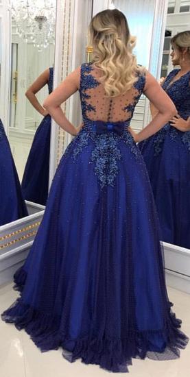 Elegant V Neck Lace Appliqued  Sleeveless Prom Dresses With Bowknot Beads Waistband | Royal Blue Floor Length Beading Evening Gowns_4