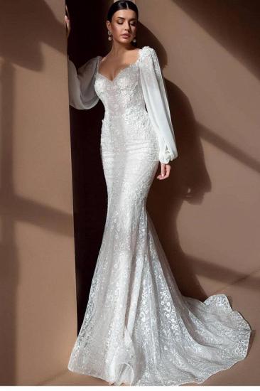 Elegant White Floral Mermaid Wedding Gown Long Sleeve Sweetheart Bridal Gown_2