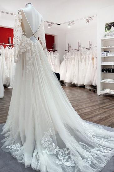 Fashion Long Sleeve Wedding Dress Soft Floral Lace Bridal Dress Floor Length_4