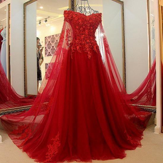 Stunning Red Off-the-shoulder A Line V Neck Floor-length Lace-up Beading Prom Dress_3