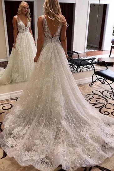 Aparking V-Neck Lace Appliques Wedding Dresses | Sexy A-line Backless Straps Bridal Gowns_1