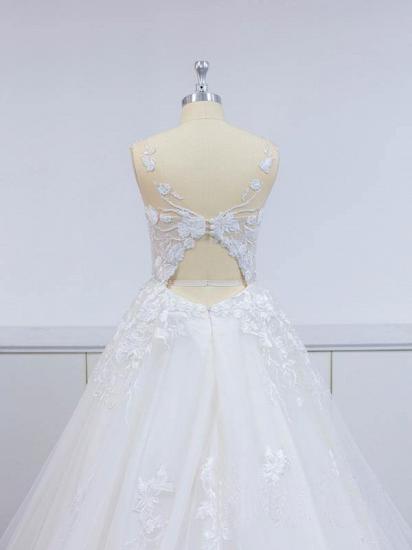 Stylish V-Neck A-line Wedding Dress Tulle Floral Lace Sleeveless Bridal Dress_5