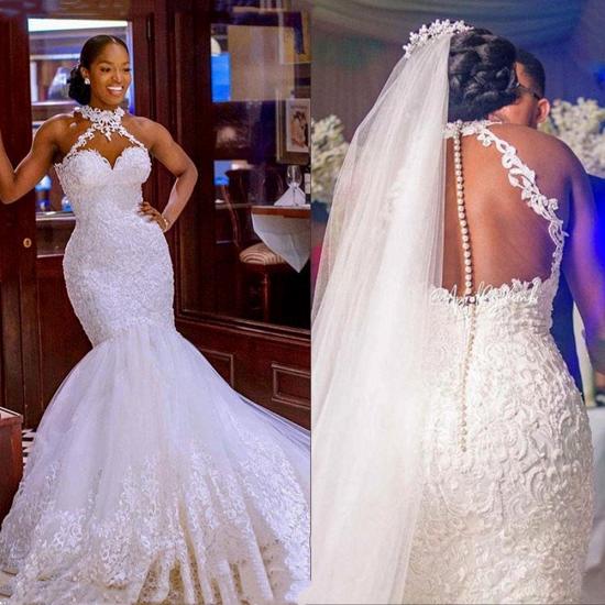 Sexy Halter White Mermaid Wedding Dress With Lace Appliques_3