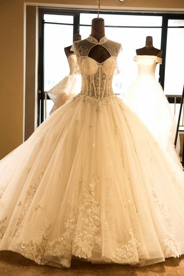 Luxury Illusion Neck Lace-up Tulle Ball Gown Wedding Dress | Modest Ivory Sparkle Bridal Gowns Online