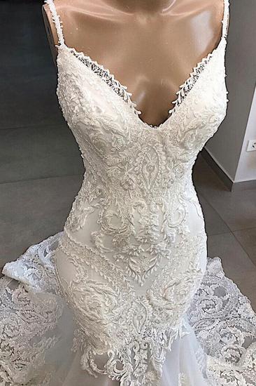 Elegant Spaghetti Strap V-neck White Sleeveless Mermaid Open Back Wedding Dress with Chapel Train_4