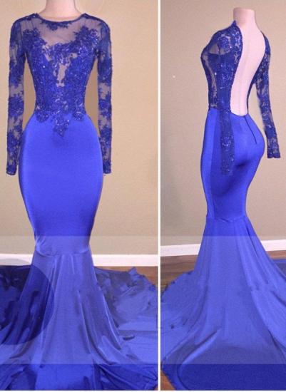 Mermaid Shiny Open Back Evening Gowns 2022 Sheer Royal Blue Long-Sleeves Prom Dresses