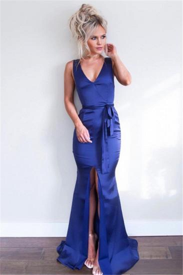 2022 Royal Blue V-Neck Sheath Evening Dresses | Sleeveless Front Split Formal Dresses_2