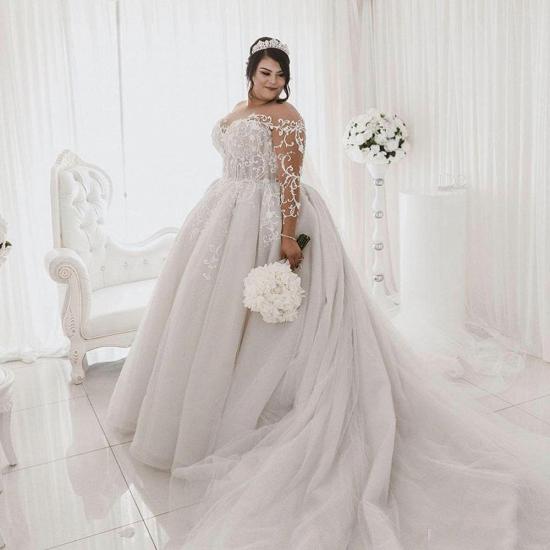 Sheer Tulle Appliques Ball Gown Wedding Dresses | Plus Size Long Sleeve Bridal Gowns_4