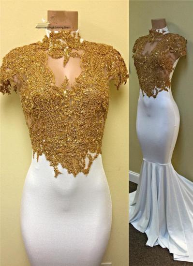 White Gorgeous Cap Sleeve Evening Gown 2022 Mermaid Gold-Appliques Prom Dress