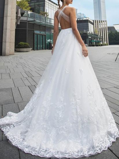 Beach A-Line Wedding Dress V-Neck Lace Tulle Sleeveless Sexy Backless Bridal Gowns with Sweep Train_2