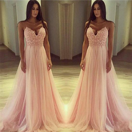 Spaghetti Straps V-neck Pink Prom Dress Cheap 2022 Lace Tulle Sleeveless Sexy Evening Gown_3