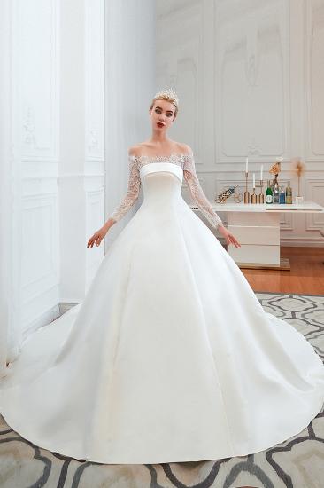 Romantic Lace Long Sleeves Princess Satin Wedding Dress | Princess Bridal Gowns with Cathedral Train_16