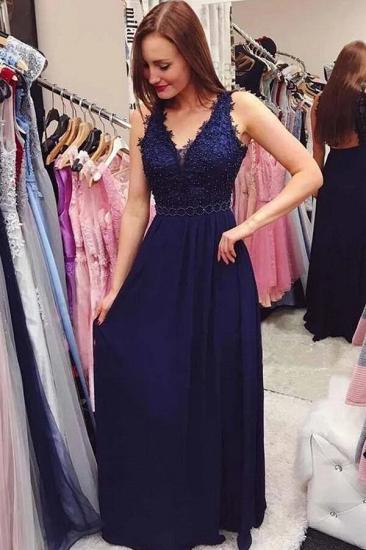 Royal Blue Lace Chiffon Long Evening Prom Dress with V-Neck