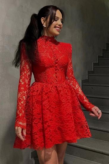 Red A Linie Short Long Sleeve Lace Cocktail Dress Party Dresses_1