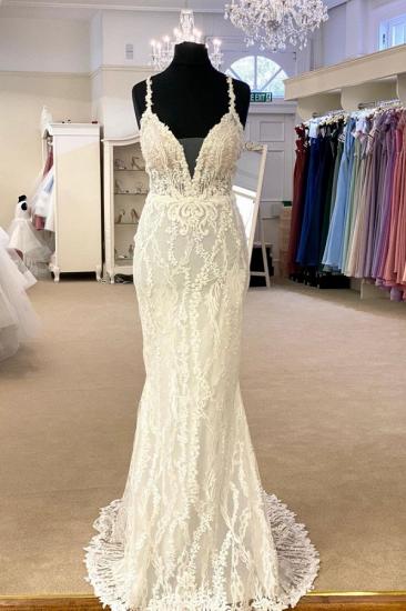 V-Neck Strap Slim Floral Tulle Floor Length Wedding Bridal Dress_1