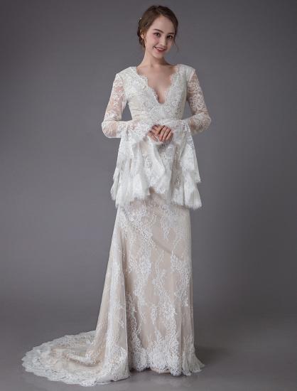Vintage Deep V Neck Long Sleeves Lace A-Line Wedding Dresses_7