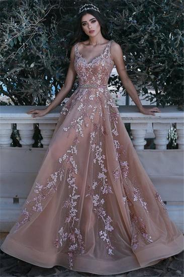 Romantische V-Ausschnitt ärmellose Champagne Pink Prom Kleider Appliques | Glanz Perlen Pailletten Abendkleid BA7913_1