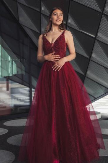 Gorgeous Burgundy V-Neck Tulle Evening Prom Dress Floral Lace Aline Gown