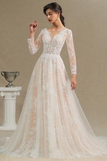 Elegant Lace Deep V-neck Wedding Dress Long Sleeve Floor Length Bridal Gowns_11