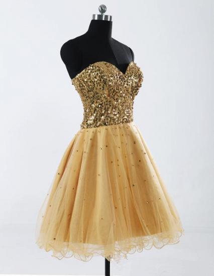 Sweetheart Gold Sequined Mini Homecoming Dress Cute Organza Lace-Up Mini Bridesmaid Dresses_2
