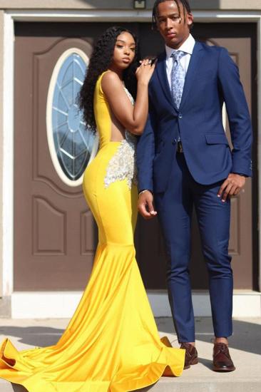 Yellow Sleeveless Mermaid Evening Prom Dresses Lace Appliques_1