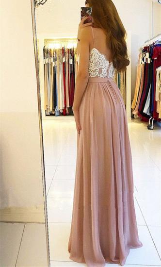 2022 Spaghetti Straps Pink Prom Dresses Cheap | Open Back Lace Chiffon Slit Formal Evening Gown_4